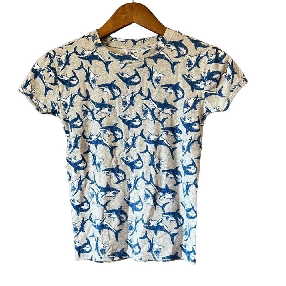 Old Navy Shark Print T-Shirt Unisex Kids XL 12 Gray Blue Excellent Short‎ Sleeve